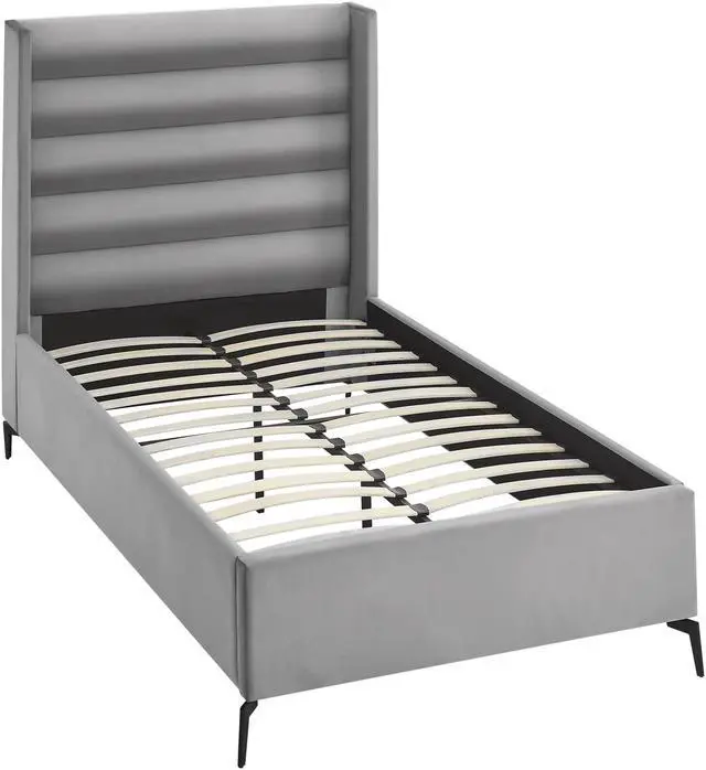 Alt view image 4 of 6 - Inspired Home Laron Platform Bed - Upholstered | Wingback Channel Tufted Headboard, Oblique Legs, Light Grey Velvet