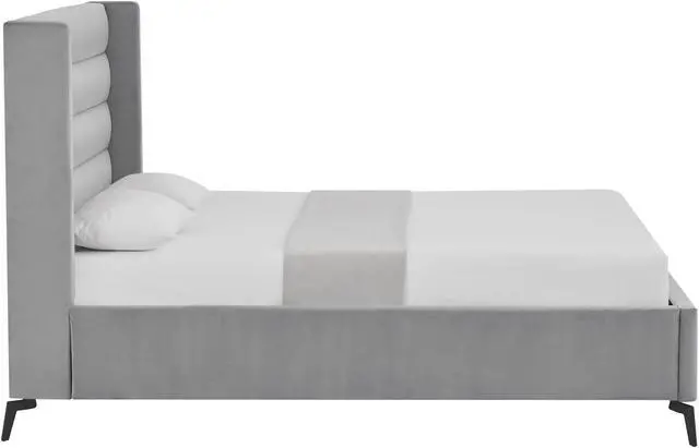Alt view image 3 of 6 - Inspired Home Laron Platform Bed - Upholstered | Wingback Channel Tufted Headboard, Oblique Legs, Light Grey Velvet