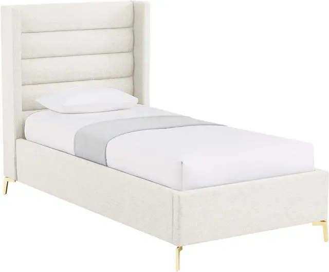 Alt view image 2 of 6 - Inspired Home Laron Platform Bed - Upholstered | Wingback Channel Tufted Headboard, Oblique Legs, Light Beige Linen