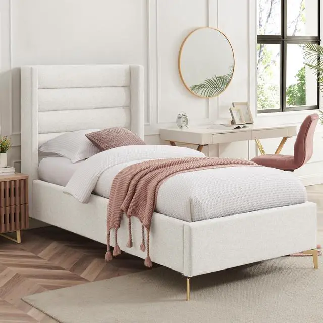 Main image of Inspired Home Laron Platform Bed - Upholstered | Wingback Channel Tufted Headboard, Oblique Legs, Light Beige Linen