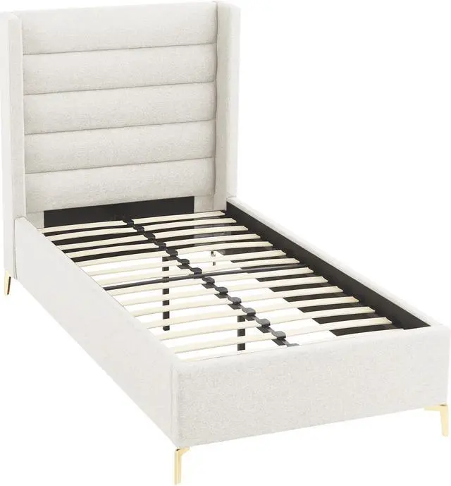 Alt view image 4 of 6 - Inspired Home Laron Platform Bed - Upholstered | Wingback Channel Tufted Headboard, Oblique Legs, Light Beige Linen