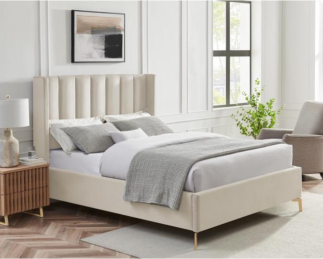 Inspired Home Kristofer Platform Bed Upholstered Wingback Channel Tufted Headboard Oblique Legs Cream White Velvet