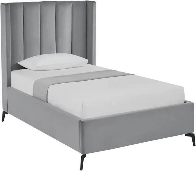 Alt view image 2 of 5 - Inspired Home Kristofer Platform Bed - Upholstered | Wingback Channel Tufted Headboard, Oblique Legs, Light Grey Velvet