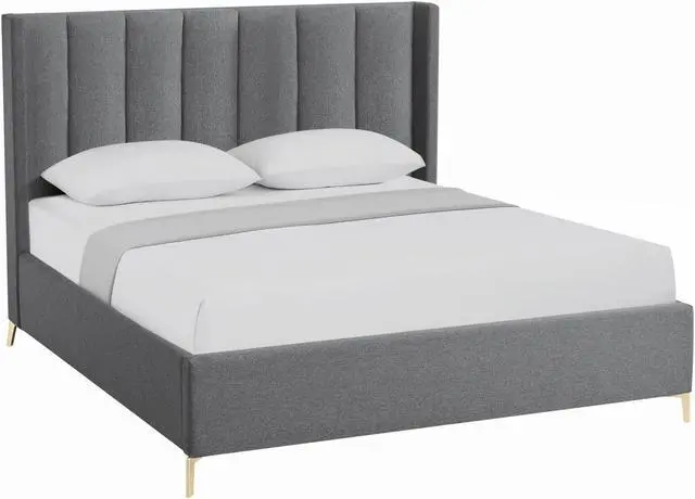 Alt view image 2 of 6 - Inspired Home Kristofer Platform Bed - Upholstered | Wingback Channel Tufted Headboard, Oblique Legs, Grey Linen