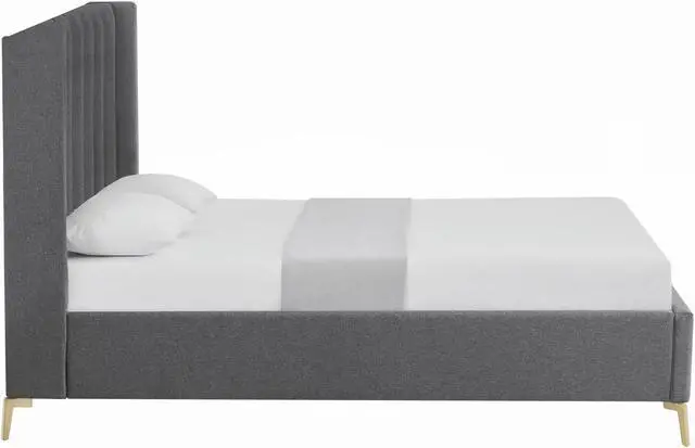 Alt view image 3 of 6 - Inspired Home Kristofer Platform Bed - Upholstered | Wingback Channel Tufted Headboard, Oblique Legs, Grey Linen