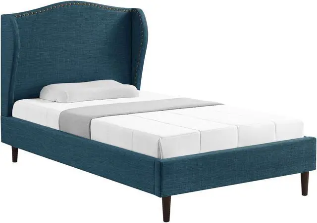 Alt view image 2 of 7 - Rustic Manor Averee Platform Bed - Upholstered | Wingback Headboard, Nailhead Trim, Navy Linen