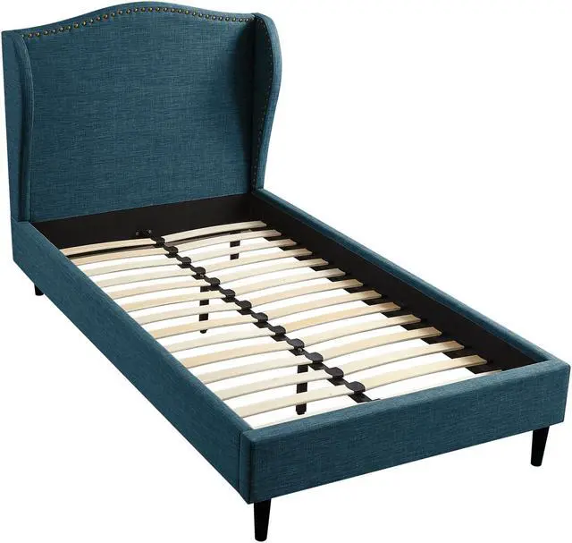 Alt view image 3 of 7 - Rustic Manor Averee Platform Bed - Upholstered | Wingback Headboard, Nailhead Trim, Navy Linen
