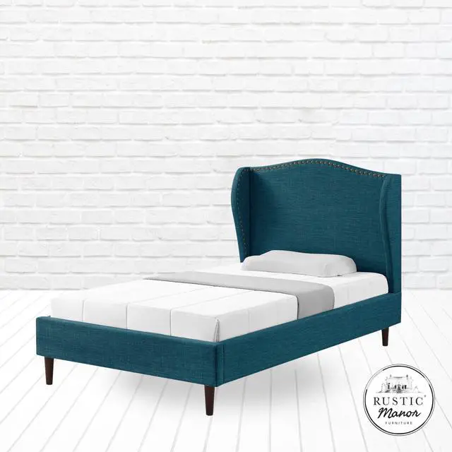Alt view image 5 of 7 - Rustic Manor Averee Platform Bed - Upholstered | Wingback Headboard, Nailhead Trim, Navy Linen