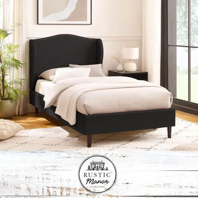 Main image of Rustic Manor Averee Platform Bed - Upholstered | Wingback Headboard, Nailhead Trim, Charcoal Linen