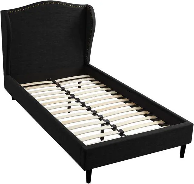 Alt view image 3 of 7 - Rustic Manor Averee Platform Bed - Upholstered | Wingback Headboard, Nailhead Trim, Charcoal Linen