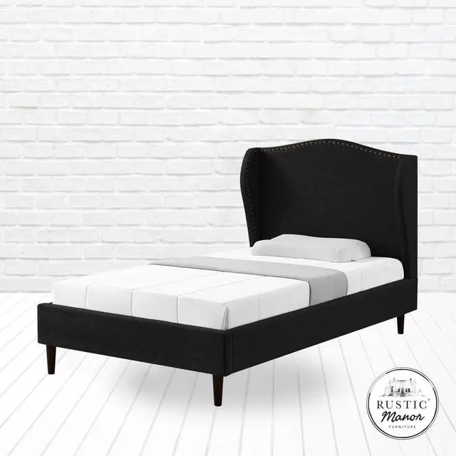 Alt view image 5 of 7 - Rustic Manor Averee Platform Bed - Upholstered | Wingback Headboard, Nailhead Trim, Charcoal Linen