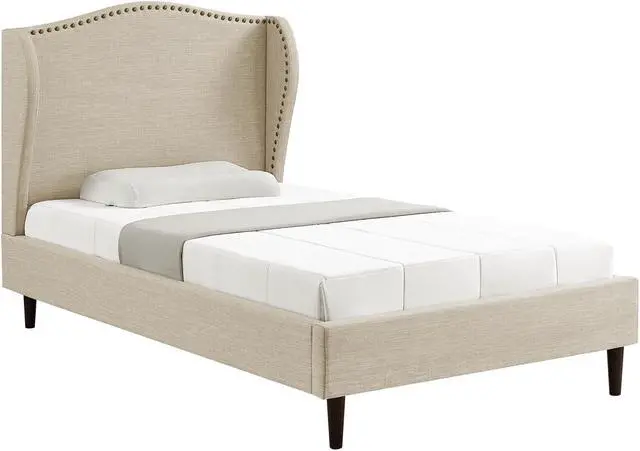 Alt view image 2 of 7 - Rustic Manor Averee Platform Bed - Upholstered | Wingback Headboard, Nailhead Trim, Beige Linen