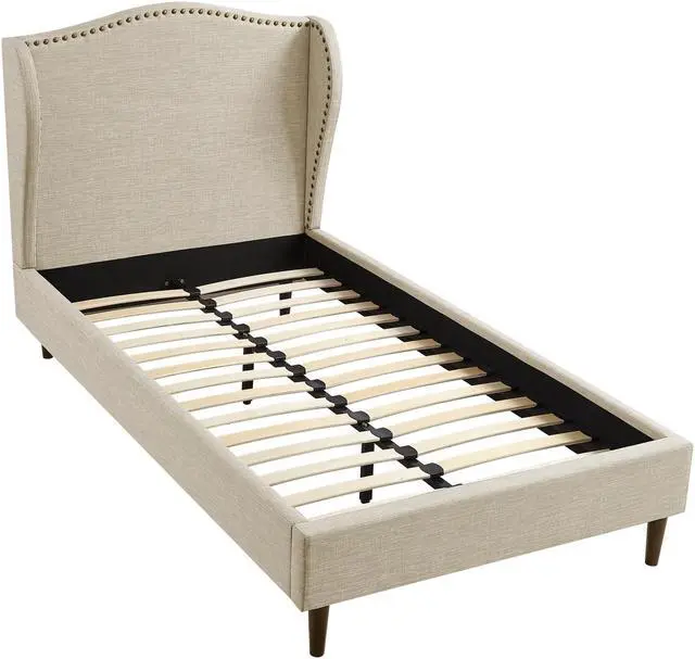 Alt view image 3 of 7 - Rustic Manor Averee Platform Bed - Upholstered | Wingback Headboard, Nailhead Trim, Beige Linen