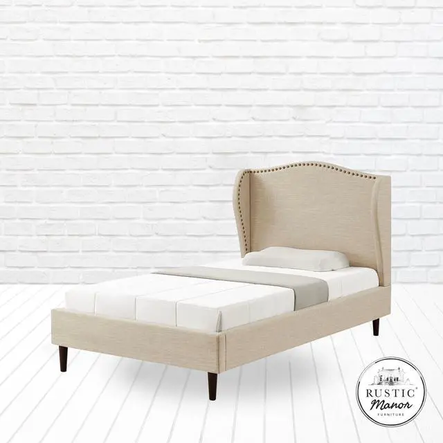 Alt view image 5 of 7 - Rustic Manor Averee Platform Bed - Upholstered | Wingback Headboard, Nailhead Trim, Beige Linen