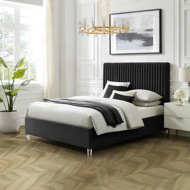 Main image of Inspired Home Matix Platform Bed - upholstered, deep channel tufted design | clear acrylic legs, Black Velvet