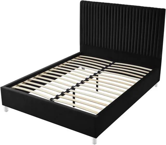 Alt view image 3 of 5 - Inspired Home Matix Platform Bed - upholstered, deep channel tufted design | clear acrylic legs, Black Velvet