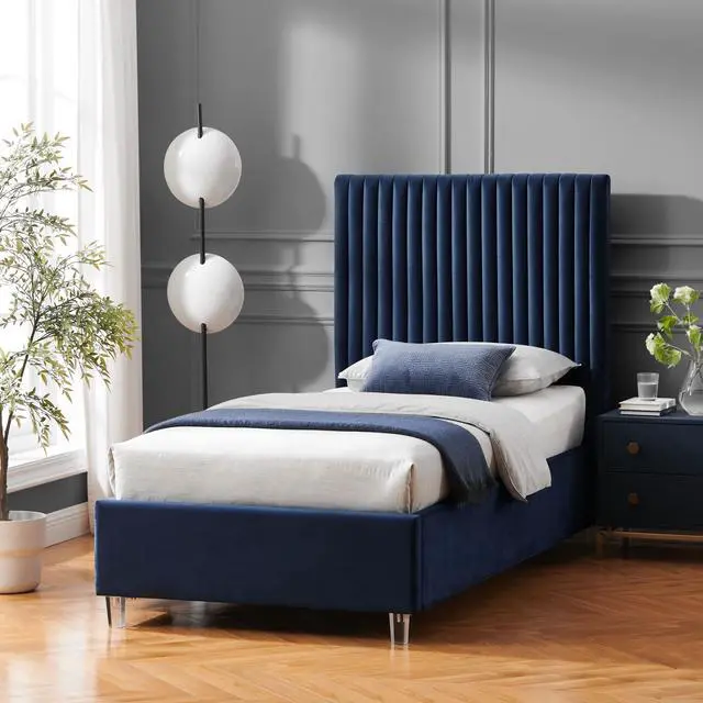 Main image of Inspired Home Matix Platform Bed - upholstered, deep channel tufted design | clear acrylic legs, Navy Velvet