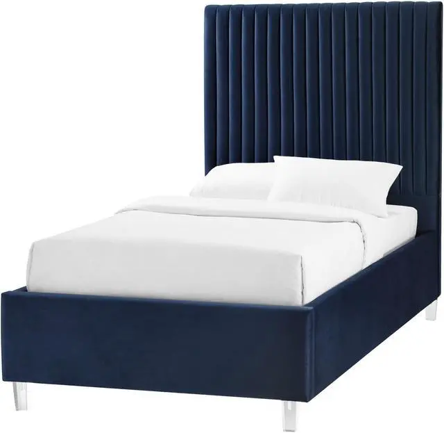 Alt view image 2 of 6 - Inspired Home Matix Platform Bed - upholstered, deep channel tufted design | clear acrylic legs, Navy Velvet