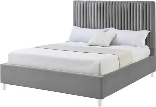 Alt view image 2 of 6 - Inspired Home Matix Platform Bed - upholstered, deep channel tufted design | clear acrylic legs, Grey Velvet