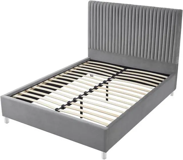 Alt view image 4 of 6 - Inspired Home Matix Platform Bed - upholstered, deep channel tufted design | clear acrylic legs, Grey Velvet