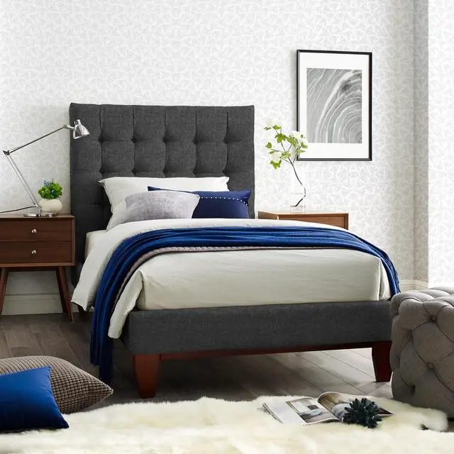 Alt view image 6 of 7 - Georges Grey Linen Platform Bedframe - Full Size | Button Tufted | Upholstered | Modern and Contemporary | Inspired Home