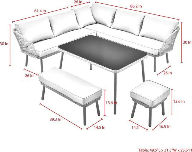 Alt view image 7 of 7 - Inspired Home Zofia Patio Conversation Set - Set Includes: 2 Sofas, 1 Bench, 1 Stool/Ottoman, 1 Table | Indoor, Outdoor, All-Weather Faux Rattan Wicker Design, Removable and Washable Cushions, Sand