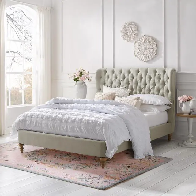 Main image of Rustic Manor Chace Bed - Rolled Top Button Tufted | Nailhead Trim, Beige Linen
