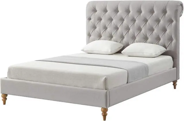 Alt view image 6 of 7 - Rustic Manor Chace Bed - Rolled Top Button Tufted | Nailhead Trim, Grey Linen