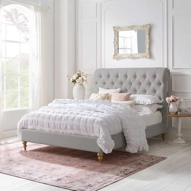 Main image of Rustic Manor Chace Bed - Rolled Top Button Tufted | Nailhead Trim, Grey Linen