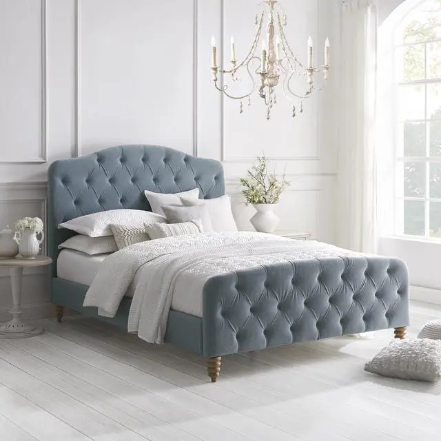 Main image of Rustic Manor Rodolfo Bed - Diamond Tufted Headboard and Footboard | Upholstered, Light Blue Velvet