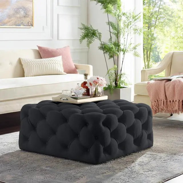 Main image of Inspired Home Dustin Cocktail Ottoman - Tufted Allover | Castered Legs, Black Linen