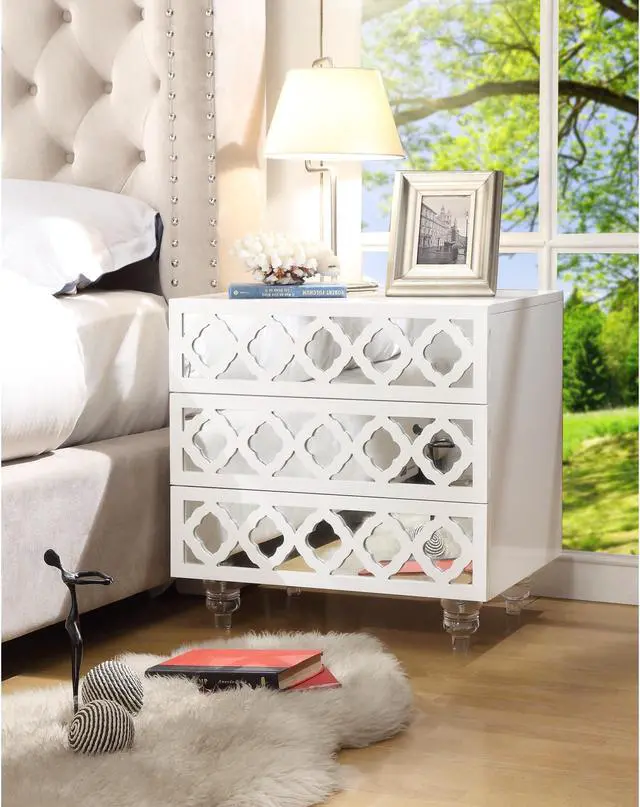 Main image of Sonia White Glossy Mirrored Nightstand - 3-drawer | Side Table | Modern | Lucite Acrylic Legs | Inspired Home