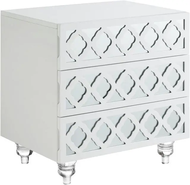 Alt view image 2 of 7 - Sonia White Glossy Mirrored Nightstand - 3-drawer | Side Table | Modern | Lucite Acrylic Legs | Inspired Home