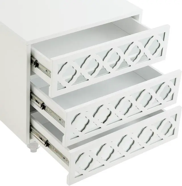 Alt view image 5 of 7 - Sonia White Glossy Mirrored Nightstand - 3-drawer | Side Table | Modern | Lucite Acrylic Legs | Inspired Home