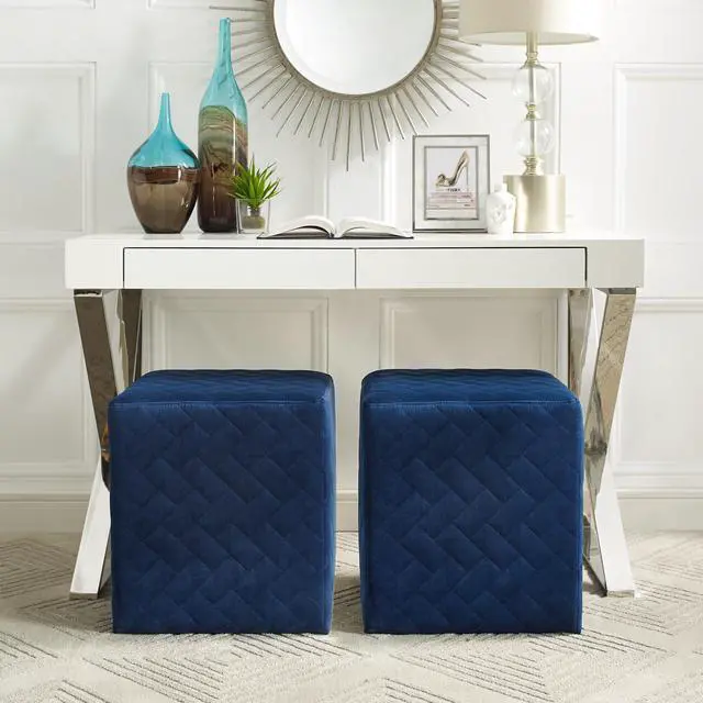 Main image of Dominic Blue Velvet Cube Ottoman - Quilted | Upholstered | Living Room, Entryway, Bedroom | Inspired Home