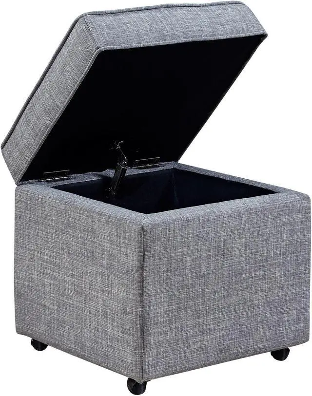 Alt view image 3 of 7 - Elton Light Grey Linen Cube Ottoman - Hidden Storage | Castered Legs | Modern and Contemporary | Inspired Home