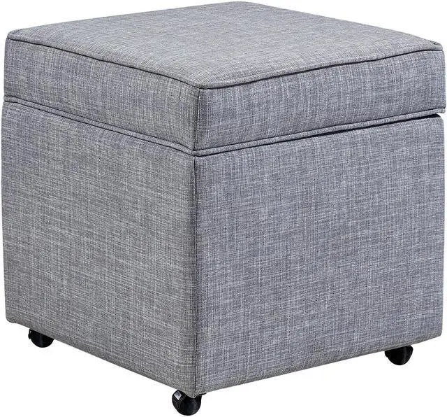Alt view image 2 of 7 - Elton Light Grey Linen Cube Ottoman - Hidden Storage | Castered Legs | Modern and Contemporary | Inspired Home
