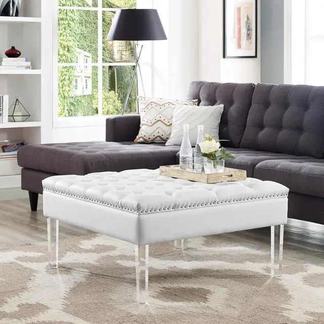 Main image of Spade White PU Leather Ottoman - Oversized | Button Tufted | Nailhead Trim | Acrylic Legs | Inspired Home