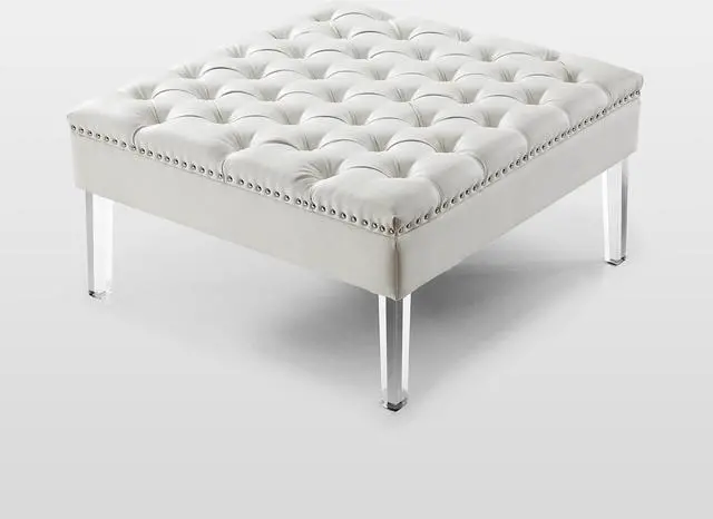 Alt view image 2 of 6 - Spade White PU Leather Ottoman - Oversized | Button Tufted | Nailhead Trim | Acrylic Legs | Inspired Home