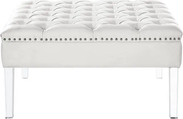 Alt view image 3 of 6 - Spade White PU Leather Ottoman - Oversized | Button Tufted | Nailhead Trim | Acrylic Legs | Inspired Home