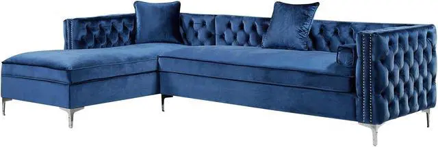 Alt view image 3 of 6 - Lorenzo Navy Blue Chaise Sectional Sofa - 115" Left Facing | Velvet Tufted | Storage | Metal Legs | Inspired Home