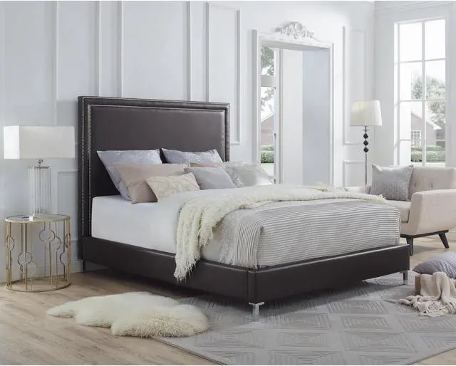 Main image of Mansfield Espresso Leather Platform Bedframe - King Size | Nailhead | Modern and Contemporary | Inspired Home
