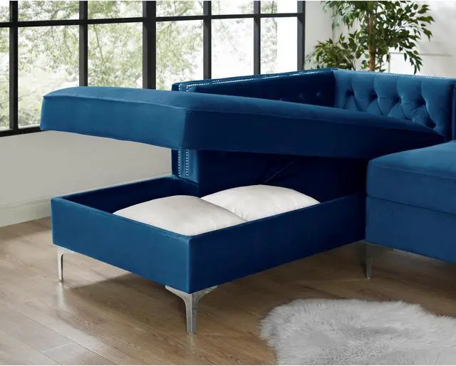 Alt view image 2 of 6 - Lorenzo Navy Blue Chaise Sectional Sofa - 115" Left Facing | Velvet Tufted | Storage | Metal Legs | Inspired Home