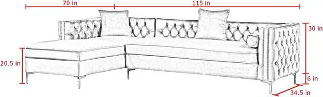 Alt view image 6 of 6 - Lorenzo Navy Blue Chaise Sectional Sofa - 115" Left Facing | Velvet Tufted | Storage | Metal Legs | Inspired Home