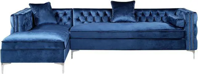 Alt view image 4 of 6 - Lorenzo Navy Blue Chaise Sectional Sofa - 115" Left Facing | Velvet Tufted | Storage | Metal Legs | Inspired Home