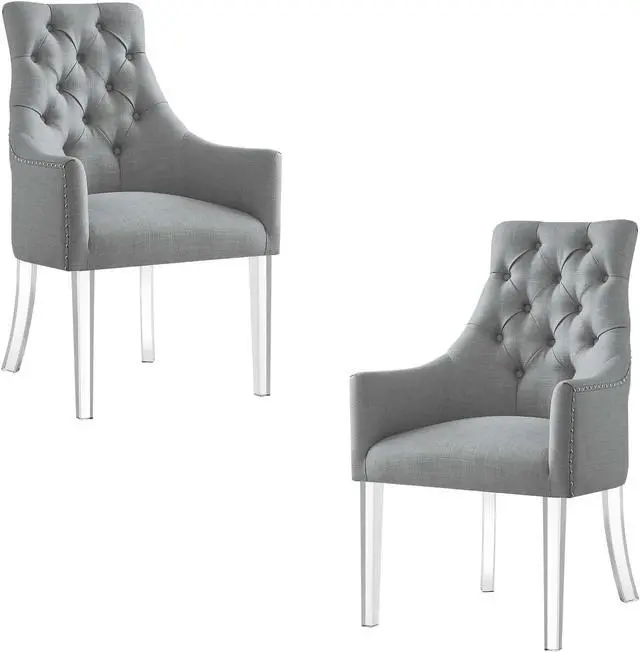 Alt view image 3 of 7 - Natalie Light Grey Dining Chair – Linen | Set of 2 | Button Tufted | Nailhead Trim | Acrylic Legs | Inspired Home