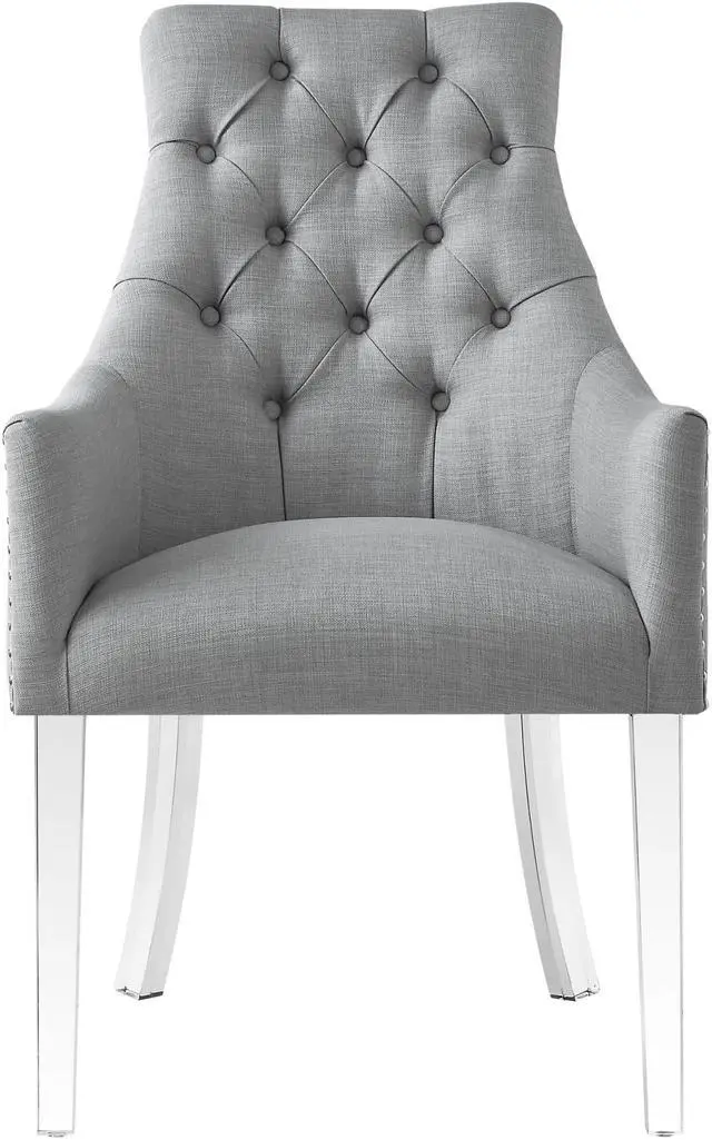 Alt view image 5 of 7 - Natalie Light Grey Dining Chair – Linen | Set of 2 | Button Tufted | Nailhead Trim | Acrylic Legs | Inspired Home
