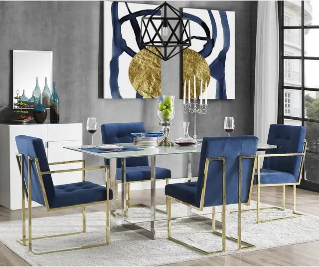 Alt view image 2 of 7 - Rockefellar Navy Blue Velvet Dining Chair - Set of 2 | Armless | Gold Frame | Stainless Steel Legs