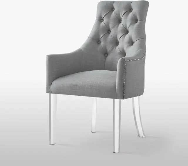 Alt view image 4 of 7 - Natalie Light Grey Dining Chair – Linen | Set of 2 | Button Tufted | Nailhead Trim | Acrylic Legs | Inspired Home