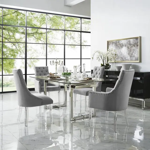 Alt view image 2 of 7 - Natalie Light Grey Dining Chair – Linen | Set of 2 | Button Tufted | Nailhead Trim | Acrylic Legs | Inspired Home